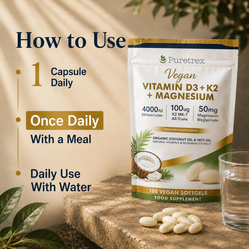 Puretrex Vegan Vitamin D3 K2 Magnesium 180 Softgels Made in UK – 4000IU Vitamin D (Lichen) with K2 MK7 100µg and Magnesium Bisglycinate, Immune Bone Support, Coconut MCT High Absorption Formula