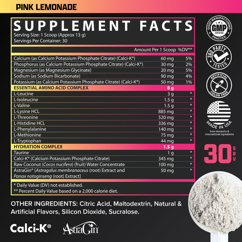 Nutrex Research EAA Hydration | EAAs + BCAA Powder | Muscle Recovery, Strength, Muscle Building, Endurance | 8G Essential Amino Acids + Electrolytes | (Packaging My Vary) 30 Servings (Pink Lemonade) Pink Lemonade