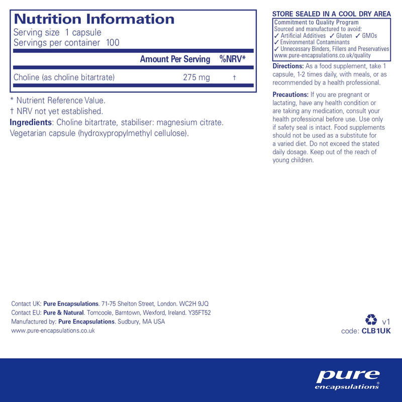 Pure Encapsulations Choline (Bitartrate) - for a Normal Liver Function & Metabolism - Supplement with high-dose Choline - 100 Capsules