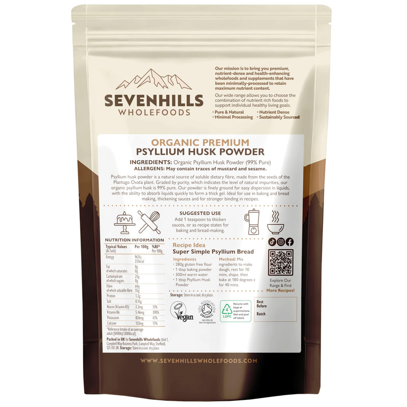 Sevenhills Wholefoods Organic Premium Psyllium Husk Powder 400g - 99% Purity - High in Soluble Fibre for Natural Fullness & Digestive Support & B6 for Energy Metabolism- Ideal for Baking & Cooking