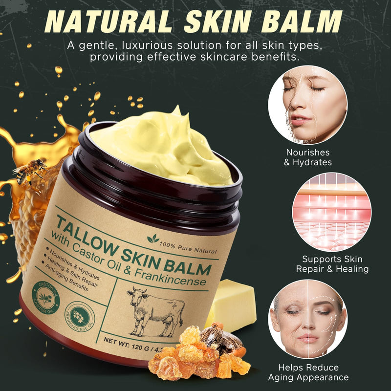2 Pcak Beef Tallow Cream with Castor Oil and Frankincense, 100% Grass-Fed Tallow for Skin Care, Face & Body Moisturizer for Skin, Sensitive Skin & Dry Skin Age Defying, Eczema All-Purpose Balm Beef Tallow with Frankincense 2 Pack