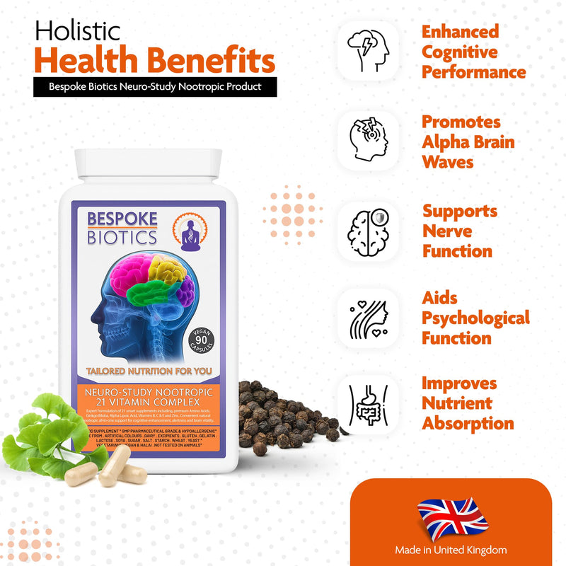 Neuro-Study Nootropic-21 Complex Stack 90 Caps 8hrs+ Brain Memory Focus Mood Natural Brain Concentration| Alpha Wave | Combats Exams Anxiety Stress Brain-Fog Fatigue Tiredness |Latest UK Formulation