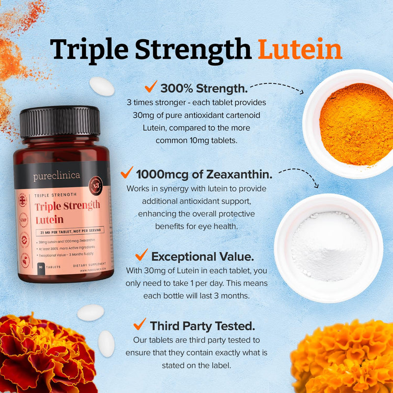 [Australia] - Pureclinica Triple Strength Lutein 30 mg x 180 Tablets with 1000 mcg Zeaxanthin (90 Count (Pack of 2)) 90 Count (Pack of 2) 