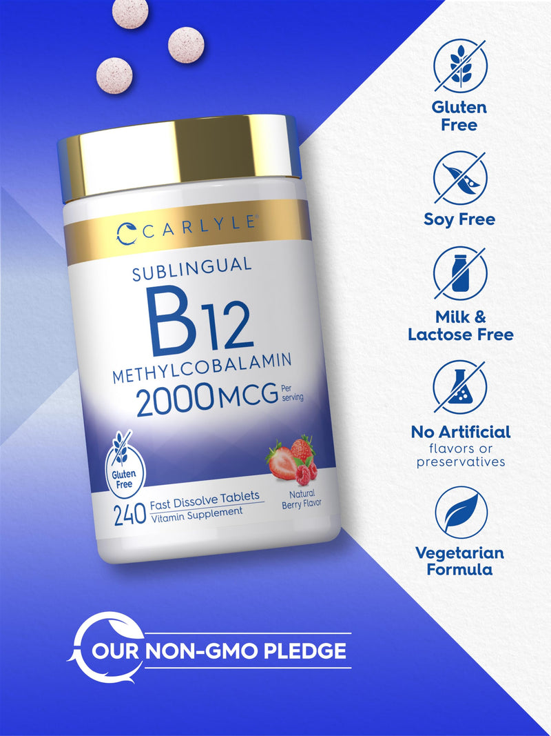 Carlyle B12 Vitamin 2000 mcg | 240 Fast Dissolve Tablets | Sublingual Methylcobalamin | Berry Flavor | Vegetarian, Non-GMO & Gluten Free Supplement