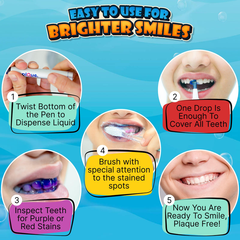 PLQUE Disclosing Gel Pen (90 Uses) - Tooth Plaque Detector for Better Brushing, Purple Stain Formula Reveals Invisible Cavity Causing Plaque, Kids and Adults Oral Care Tool, Pediatric Dentist Design