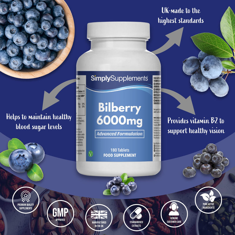 Bilberry Plus Extract 6,000mg | with Vitamin B2 | High-Potency Standardised Extract | Vegan & Vegetarian Friendly | 90 Tablets – 3 Month Supply | Made in the UK in Accordance with GMP Standards