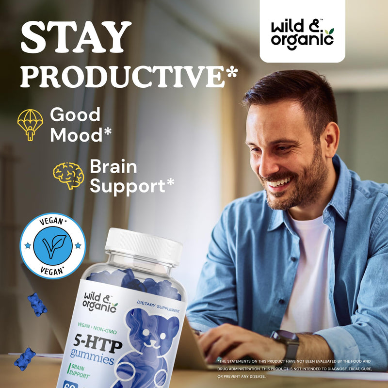 [Australia] - Wild & Organic 5-HTP 200mg Mood Gummies - L-Tryptophan for Relaxation and Natural Calm - 5 HTP Supplement for Brain Support - 60 Vegan, Non-GMO 5HTP Gummies 