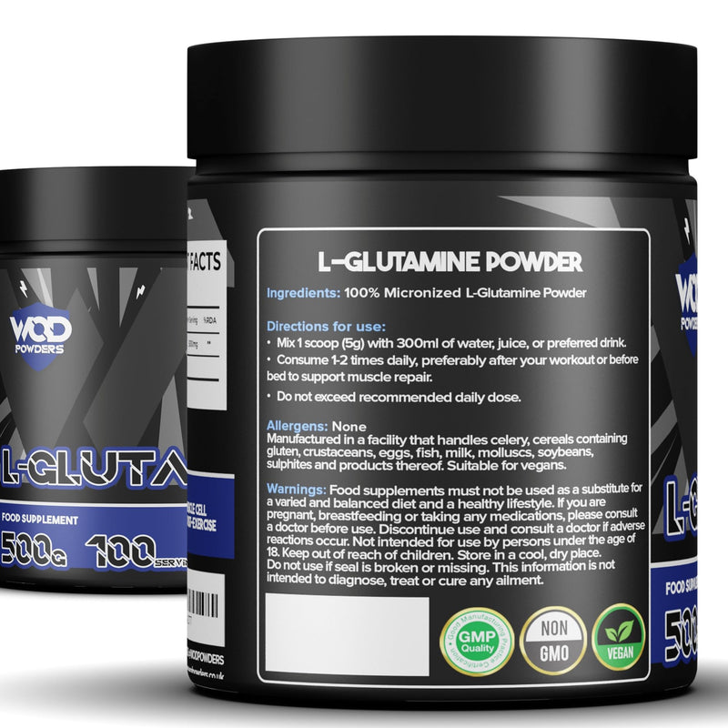 Glutamine Powder - 500g | Amino Acid, Improve Recovery, Boosts Immune System | Unflavoured 100% Micronized Glutamine Powder | 100 Servings in Tub with Scoop by WOD Powders