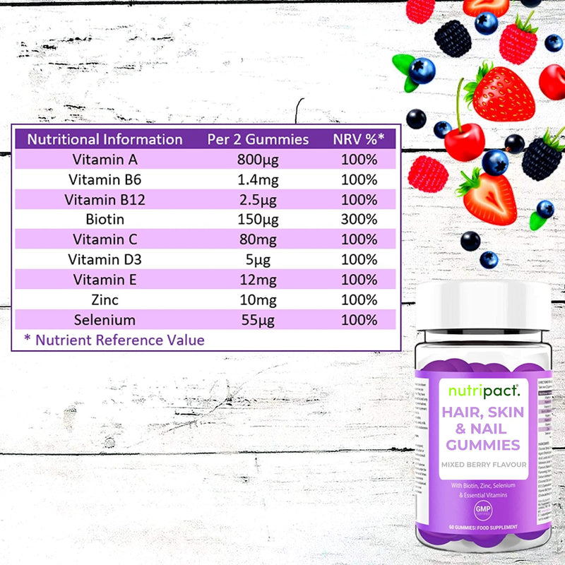 Hair, Skin & Nail Beauty Gummies - Biotin, Zinc, Vitamin D3, Selenium, Vitamin C - 60 Vegetarian Berry Chewable Vitamins - Multivitamins & Minerals Supplement - Gluten, Dairy, Soy & GMO Free