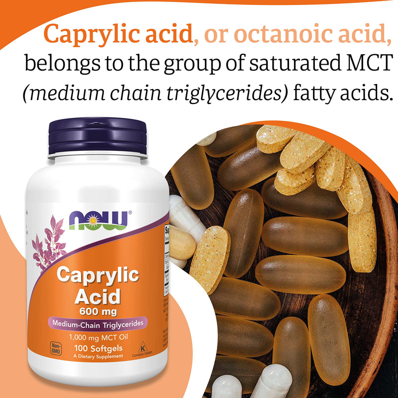 Now Foods, Caprylic Acid, 600mg, 100 Softgels, Lab-Tested, Gluten Free, SOYA Free, Non-GMO