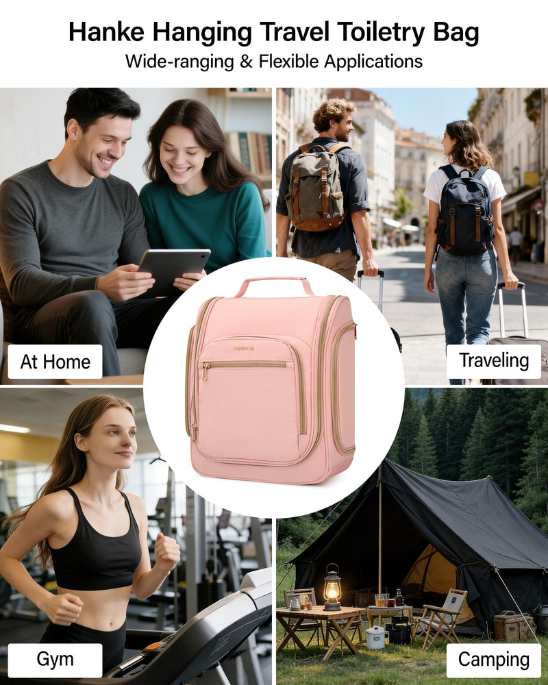 Hanke Hanging Travel Toiletry Bag for Men and Women, Water-Resistant Toiletries Bag Makeup Organizer with Hook, Cosmetic Bag for Bathroom & Travel Essentials Accessories, Pink