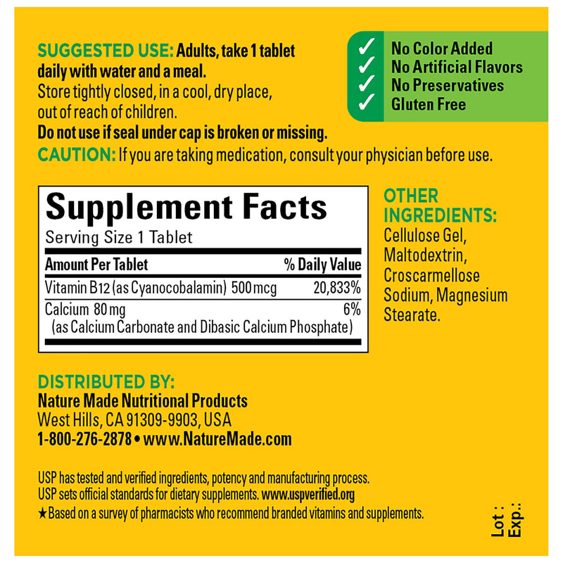 Nature Made Vitamin B12 500 mcg for Energy Metabolism Support, 100 Tablets | B12 Vitamins 500 mcg, Help Support Energy Metabolism, Brain Cell Function and Healthy Aging, Gluten Free, 100 Day Supply 100 Count (Pack of 1)