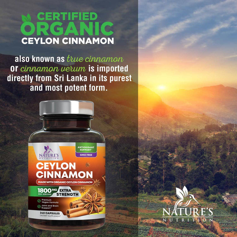 [Australia] - Pure Cinnamon Capsules, Certified Organic Ceylon Cinnamon Pills, Non-GMO, Gluten-Free, Dairy-Free, Sri Lanka Cinnamon Powder Supplement, Best Vegan True Cinnamomum Vitamins, Sugar Free - 240 Capsules 240 Count (Pack of 1) 
