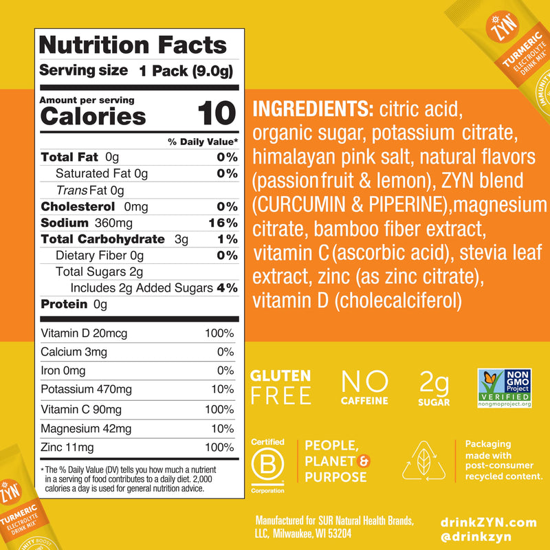 ZYN Turmeric & Electrolyte Packets for Hydration, Passion Lemonade, 16 Ct Passionfruit Lemonade 5.12 Ounce (Pack of 1)