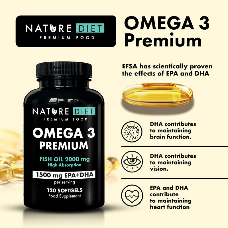 Nature Diet Omega 3 Premium - 2000mg with 1500mg of EPA & DHA - 120 Softgel Capsules of High Strength Omega 3 Fish Oil – 2 Months Supply