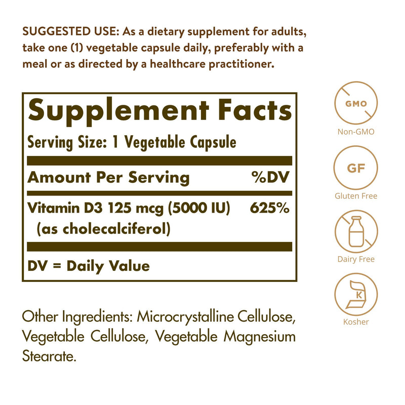 Solgar Vitamin D3 (Cholecalciferol) 125 Mcg (5000 IU), 120 Vegetable Capsules - Helps Maintain Healthy Bones & Teeth - Immune System Support - Non-GMO, Gluten Free, Dairy Free, Kosher - 120 Servings | Helps Maintain Healthy Bones & Teeth, Immune System...