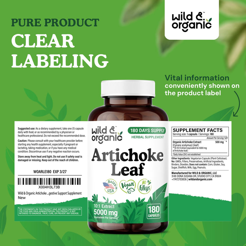 [Australia] - Wild & Organic Artichoke Extract Capsules 500 mg - Liver & Digestive Support - Artichoke Supplement - Cynara Scolymus Leaf Powder - Vegan, No Fillers, Non-GMO - 180 Count 