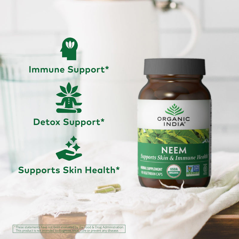[Australia] - ORGANIC INDIA Neem Leaf Capsules, Herbal Supplement - Supports Skin, Immune, & Liver Health, Detox, Vegan, Gluten-Free, USDA Certified Organic - 180 Capsules 180 Count (Pack of 1) 