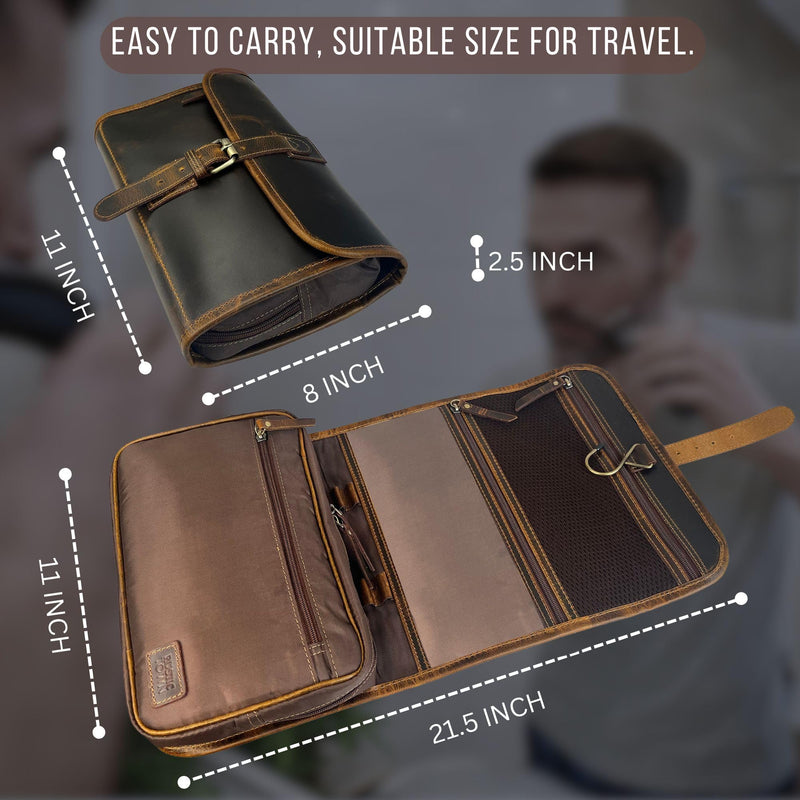Leather Hanging Toiletry Bag for Men, Travel Shaving Dopp Kit Organizer | Full Grain Leather, Brass Hook, YKK Zippers, 11 x 7 inch Fits in Any Carry-On, Water-Resistant Lining; Cosmetic & Makeup Kit Brown
