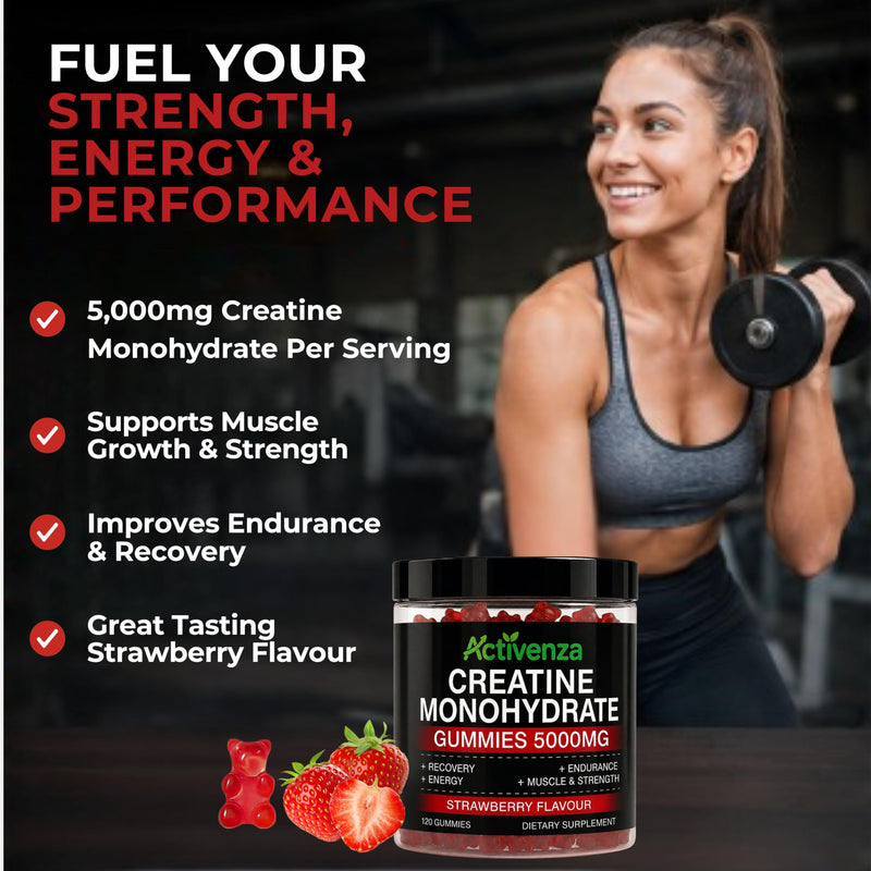 Sugar-Free Creatine Monohydrate 5000mg + L-Taurine Gummies, 120 Count, Strawberry Flavour, High-Strength Creatine Supplement for Workout & Gym Support for Men & Women
