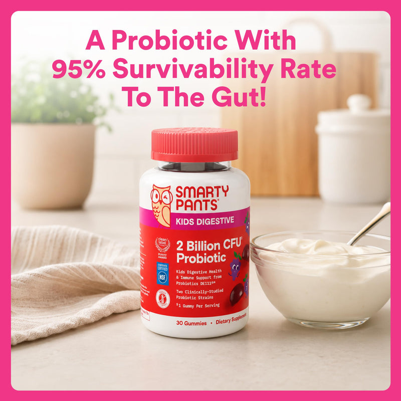 SmartyPants Kids Probiotic Gummies for Digestive Health: 2 Billion CFU Gut Health and Immune Support Supplement, Clinically Studied Probiotic, Gluten Free, Grape, 30 Count (30 Day Supply) 1 Count (Pack of 1) Grape Probiotic