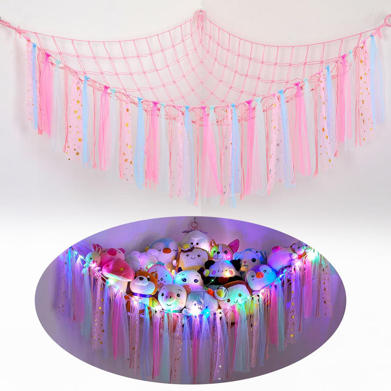 [Australia] - FIOBEE Stuffed Animals Net or Hammock with LED Light, Toy Hammock Hanging Stuffed Animals Storage Organizer Holder Room Décor for Nursery Kids Bedroom Pink 