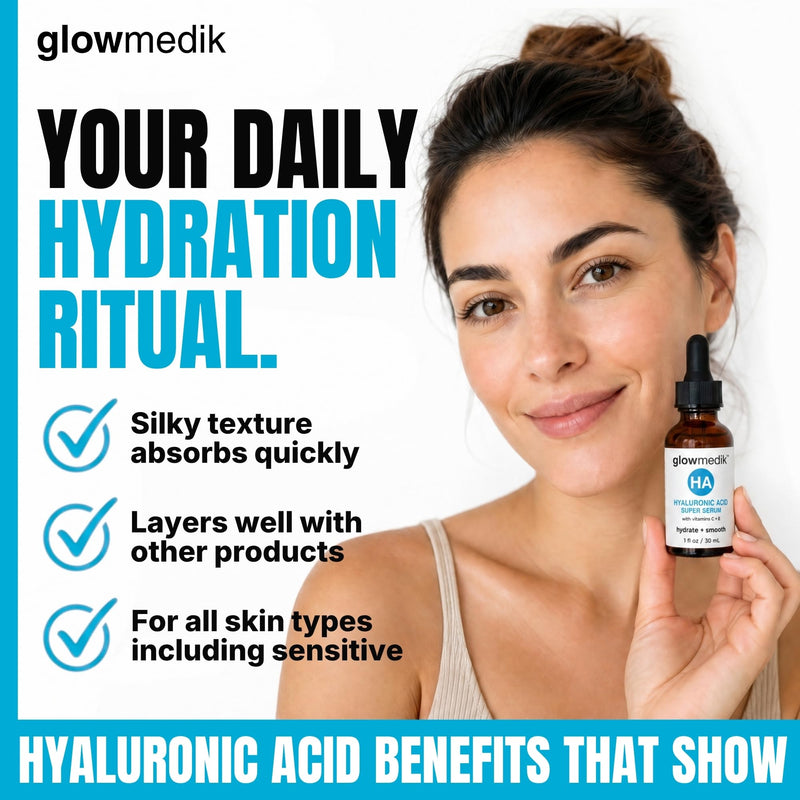 Glowmedik Hyaluronic Acid Serum for Face with Vitamin C & E - Advanced Hydrating Face Serum for Dry Skin, Fine Lines & Wrinkles - Vegan Facial Moisturizer for Women 1 fl oz 30ml