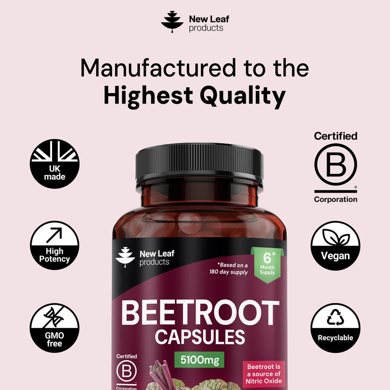 Beetroot Capsules 5100mg - High Strength Beetroot Supplement 360 Vegan Capsules - Nitric Oxide - Enriched with Black Pepper Made in The UK By New Leaf 360 count (Pack of 1)