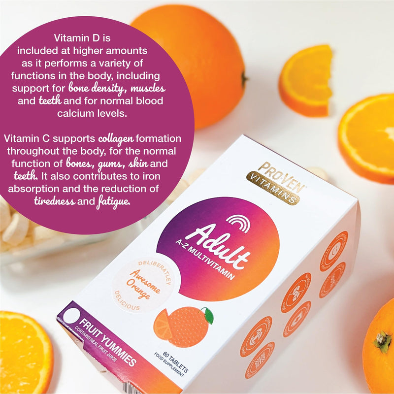 Pro-Ven Multivitamin Chewable Tablets for Men & Women - 60 Orange Flavoured A-Z Multivitamins - 100% NRV - 13 Essential Vitamins inc D, C, A + B for Energy, Immune & Bone Health Daily