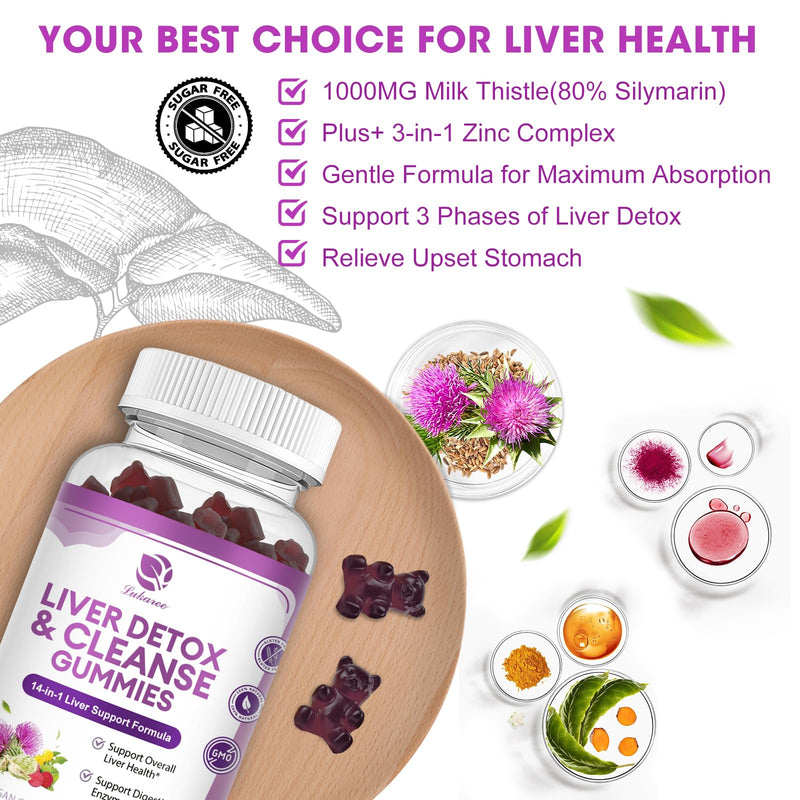 Liver Cleanse Detox & Repair Gummies - Extra Strength 14 in 1 Liver Support Supplement w/Milk Thistle Silymarin,Dandelion, Artichoke Extract & Elderberry -No Sugar, Liver Health Supplement -120 Ct