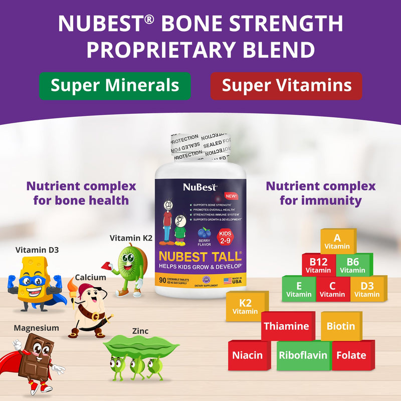 NuBest Tall Kids - Toddlers Vitamins and Kids Vitamins for Age 2 to 9 - Support Bone Strength, Overall Health and Immunity - Animal Shapes - 90 Chewable Berry Tablets | 6 Weeks Supply Mixed Berries 90 Count (Pack of 1)