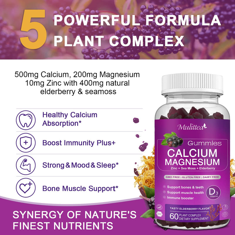 [Australia] - Calcium Magnesium Zinc Gummies with High Absorption Magnesium Glycinate 200mg, Potassium -Plant Calcium Supplement w/ D3 & Sea Moss for Bone, Muscles, Calm Mood & Sleep Support*-Kids & adults (2 Pack) 60 Count (Pack of 2) 