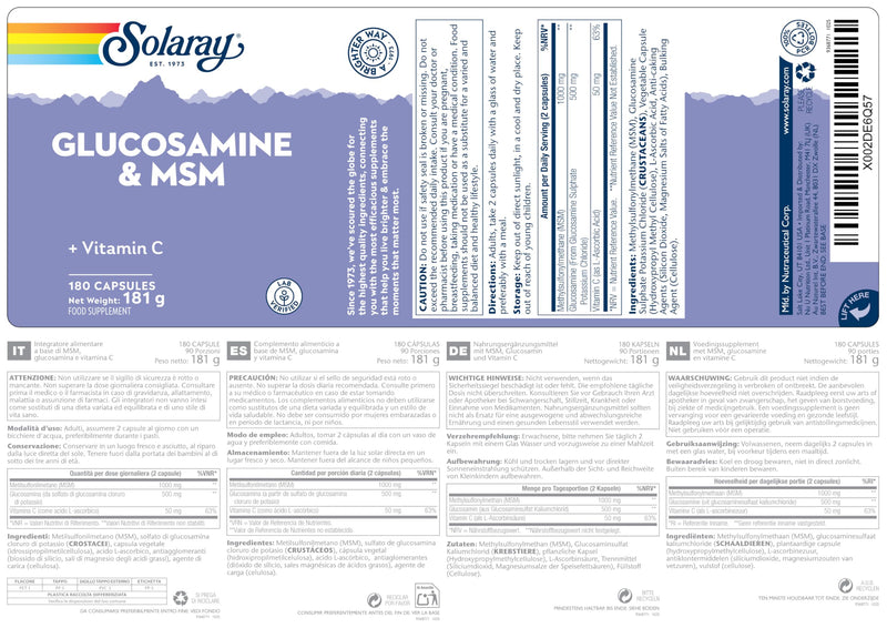 Solaray Glucosamine, MSM & Vitamin C – 180 Capsules – 3 Month Supply – Joint Complex for Men and Women with 500mg Glucosamine, 1000mg MSM & 50mg Vitamin C – Lab Verified