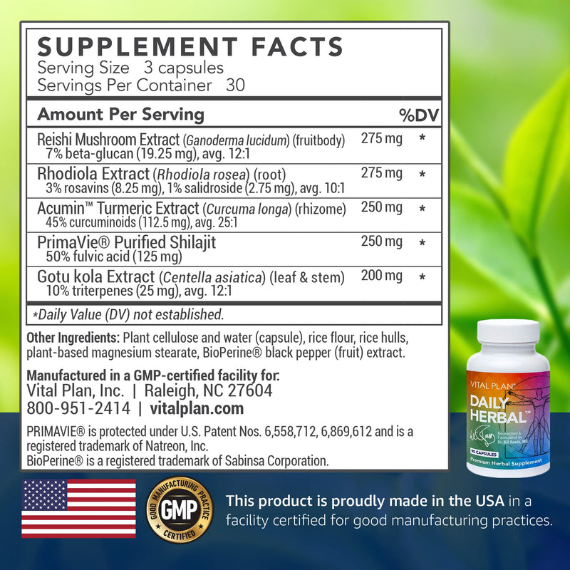 Vital Plan Daily Herbal Supplement by Dr. Bill Rawls – Herbal Immunity Booster for Immune Support, Microbiome Balance & Cell Health — Reishi Mushroom, Turmeric & Rhodiola
