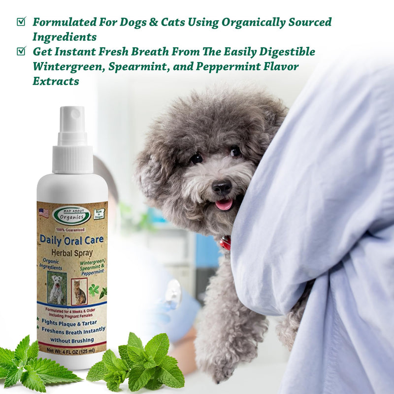 Daily Oral Care Herbal Spray for Dogs & Cats - Wintergreen, Spearmint & Peppermint Formula, Reduces Plaque & Tartar for Fresh Breath, Simple No-Brush Dental Solution, 4oz Bottle - PawsPlanet Australia