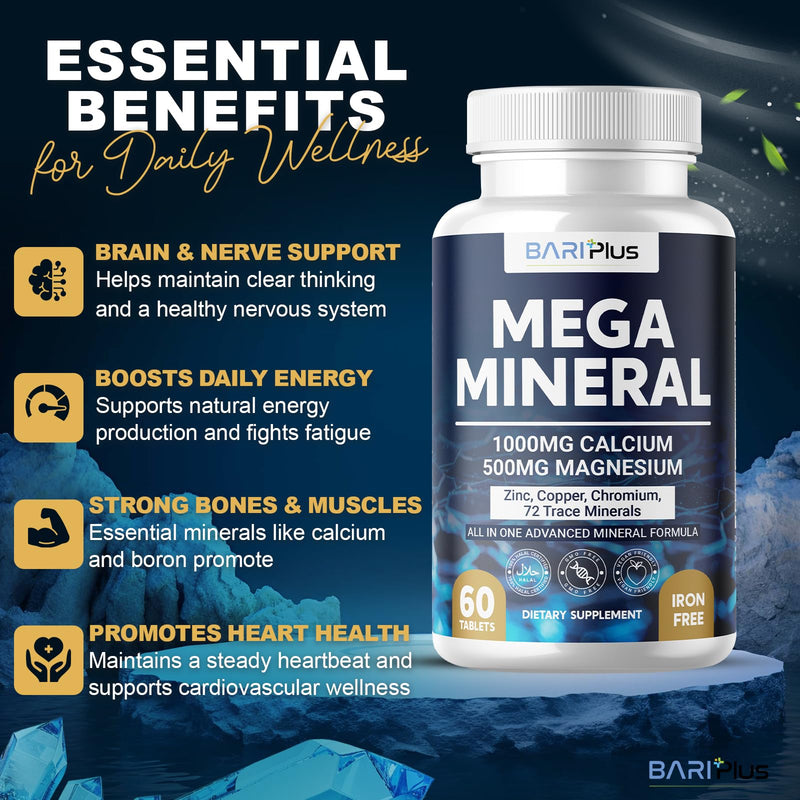 [Australia] - Mega Mineral ‚Äì Complete Complex with Vitamin D, Calcium, Magnesium, Zinc, Potassium, Boron, Selenium, Chromium & 72 Trace Minerals ‚Äì Iron-Free ‚Äì USA Made ‚Äì 60 Tablets 