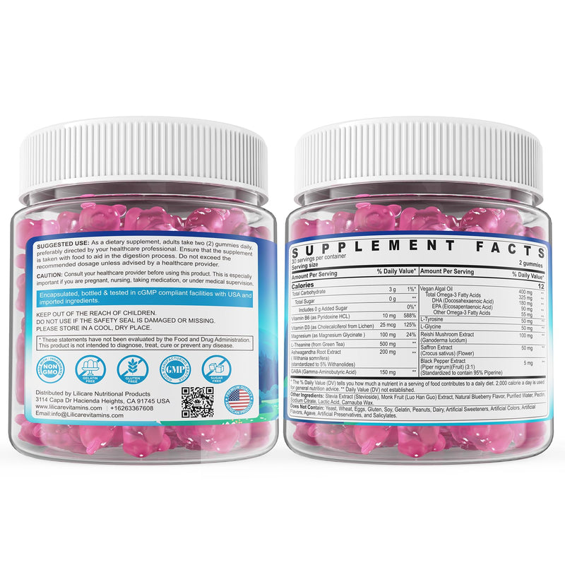L Theanine Calm Gummies 500mg + Saffron + Magnesium Glycinate + GABA, 60Cts | Sugar-Free Liposomal L-Theanine Supplement, w/Ashwagandha, Algae Omega-3, Vitamin D3 B12, for Brain Calm, Relax, Mood, Zzz 60 Count (Pack of 1)