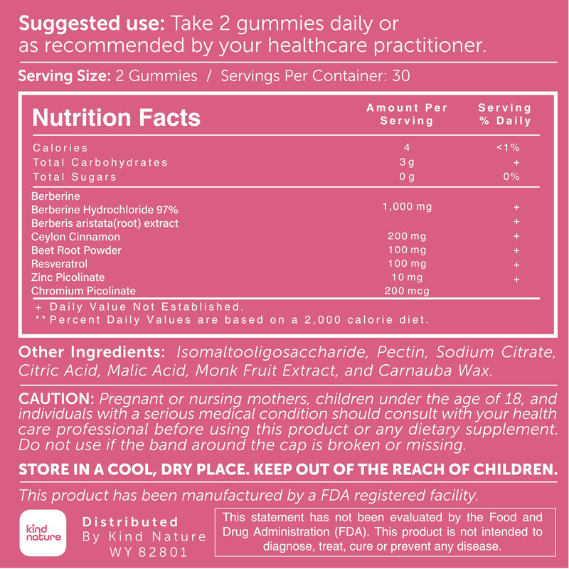 [Australia] - Kind Nature 1000mg Berberine Gummies - Sugar Free Natural Berberine Supplement Gummies with Ceylon Cinnamon & Beet Root - Non GMO, 3rd Party Tested Berberine Complex 