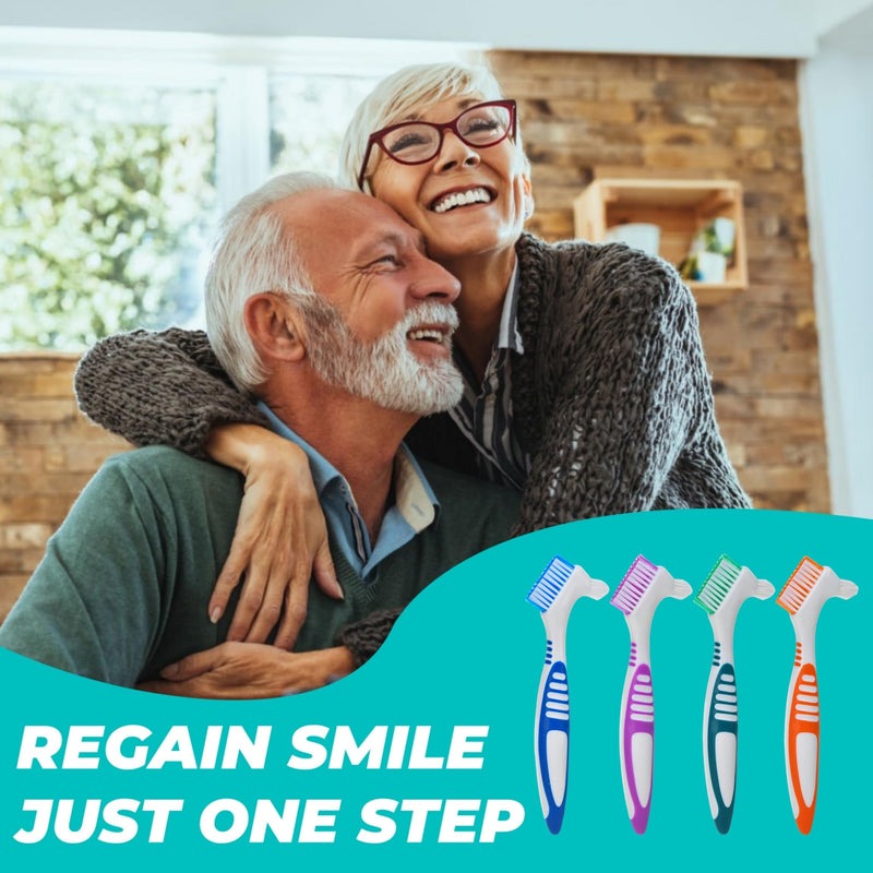 [Australia] - Pack of 4 Denture Cleaning Brush, Double Head Toothbrushes for Cleaning, Portable Denture Cleaning Brushes, Denture Brush with 2 Tongue Cleaners, Multi-Layer Bristles and Ergonomic Rubber Handles 