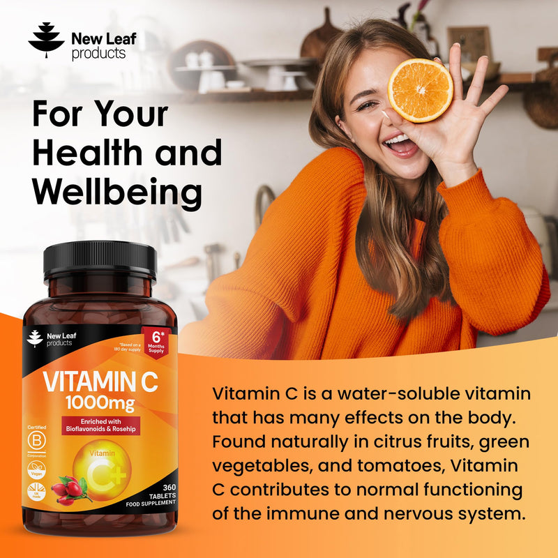 Vitamin C Tablets 1000mg - Enriched with Bioflavonoids & Rosehip - Premium Vitamin C Supplements - 360 Vegan Vitamin C Tablets High Strength Ascorbic Acid VIT C for Normal Immune System UK Made 360 count (Pack of 1)