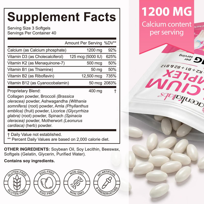 Calcium Complex Softgels 1200mg with Vitamin D3 & K2, Calcium Supplement with Vitamins B1 B2 B12, Collagen & Plant Blend, Daily Bone and Teeth Support, Easy to Swallow Softgels, 120 Soft Capsules