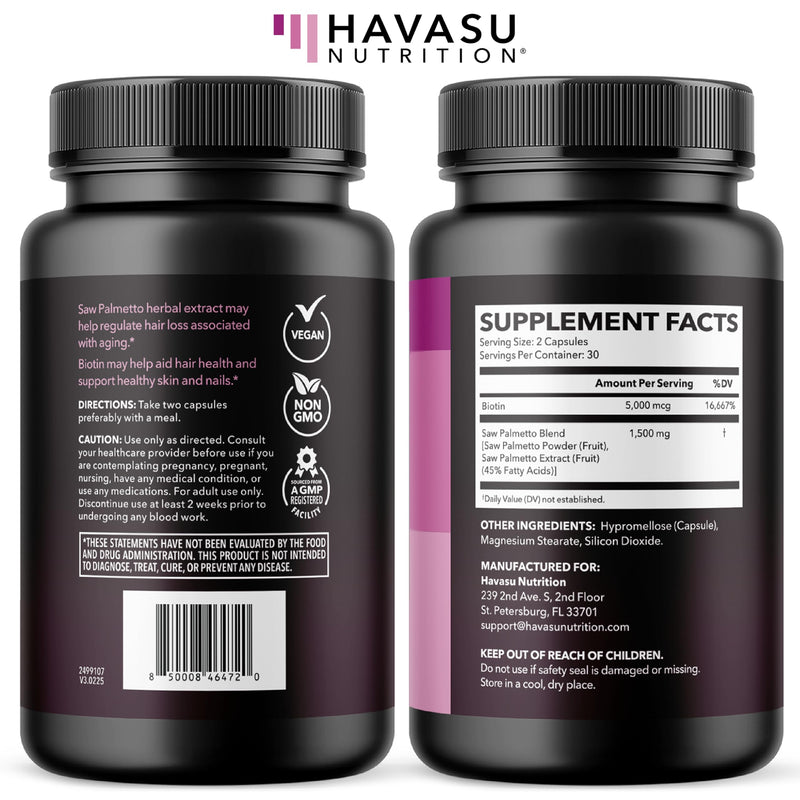 Saw Palmetto for Women with Bitoin 5000mcg Per Serving, 30-Day Supply | Vegan, Non-GMO DHT Blocker for Women for Hair, Skin and Nails, Saw Palmetto Extract with Biotin for Thicker Looking Hair 60 Count (Pack of 1)