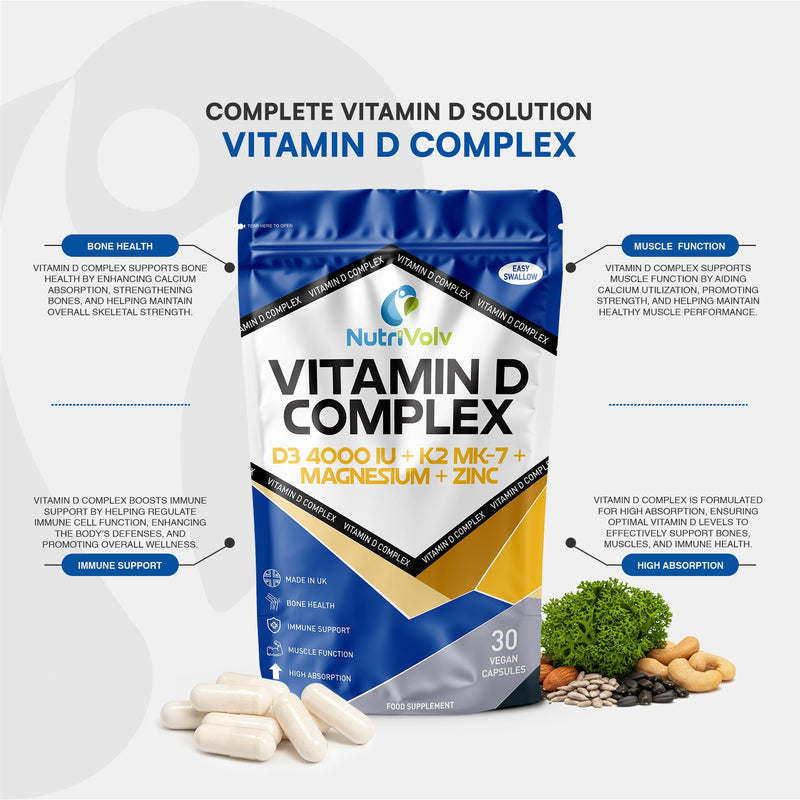 Vitamin D Complex | 30 Vegan Capsules | With Vegan D3 (4000IU), K2(MK-7), Magnesium Bisglycinate & Zinc Monomethionine | High Absorption | Bone, Muscle, Immune & Heart Support | UK Made | by NutriVolv