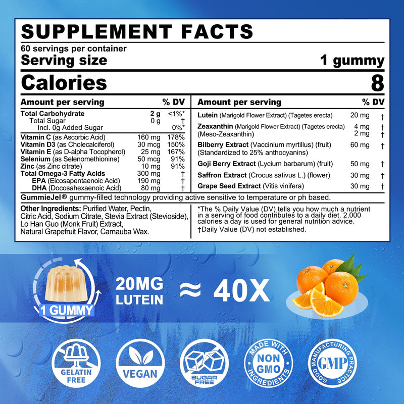 [Australia] - Sugar Free Lutein 20mg 40mg and Zeaxanthin Gummies for Eyes with Omega 3 (EPA 190mg & DHA 80mg), Lutein Supplements Eye Vitamins Filled Gummies Plus Bilberry, Goji Berry & Saffron, Vegan - 60 Count 60 Count (Pack of 1) 