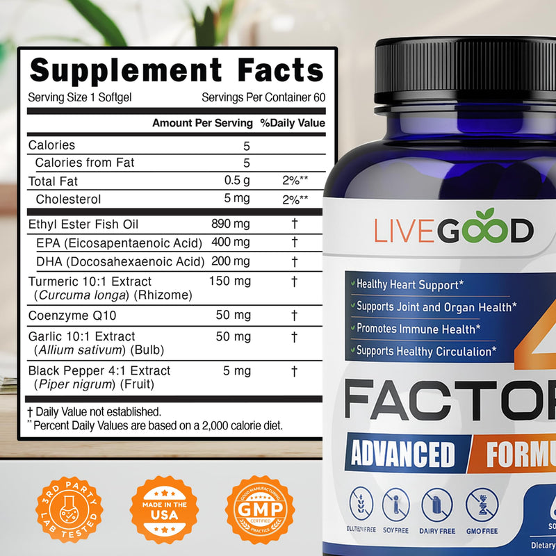 LIVEGOOD™ Factor 4, Omega 3 Fish Oil with EPA & DHA, CoQ10, and Turmeric, Advanced Q10 Coenzyme & CoQ10 Supplements, DHA Supplements for Heart, Joint & Immune Support, Made in USA, 60 Count,