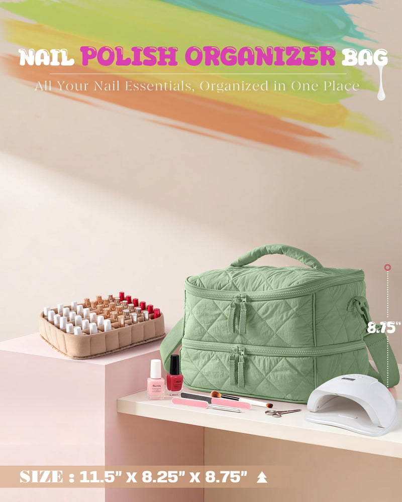 Marscamd Quilted Nail Polish Organizer Bag Holds 42 Bottles and Nail Lamp | Nail Polish Storage Case with Crossbody Straps and Multiple Pockets, Green