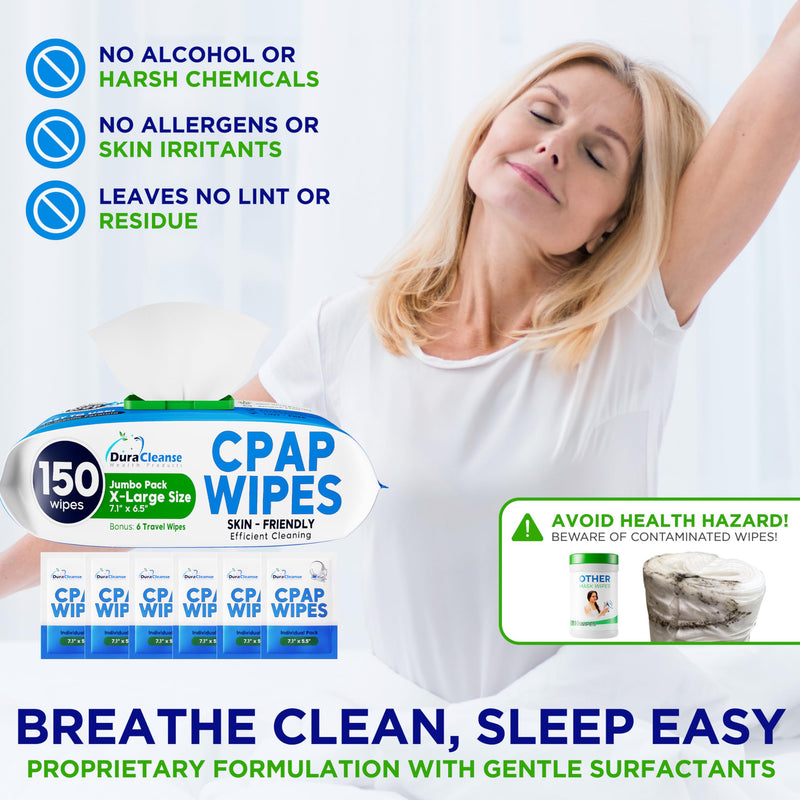 [Australia] - CPAP Mask Wipes - 150 Count Jumbo Pack + 6 Travel Sheets - Dura Cleanse Extra Large, Extra Moist Cleaning Wipes for Full Face, Nasal Masks Unscented Cleaner for CPAP Machine, Supplies and Accessories 156 Count (Pack of 1) 