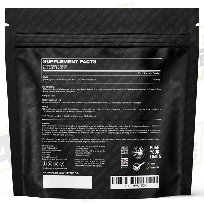Freak Athletics HMB Supplement - 1000mg Serving HMB 500mg Capsules, Metabolite of Leucine for Muscle Growth & Repair - 120 Capsules 60 Servings