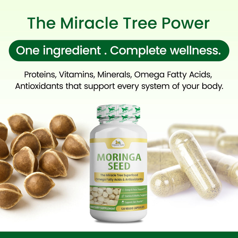 Organic Veda Moringa Seeds Capsules - Omega 3, 6, 9, Powerful Antioxidants, Vitamins, Amino Protein Rich Organic Moringa Seed Powder for Energy, Cleanse & Vitality - 120 Vegan Capsules