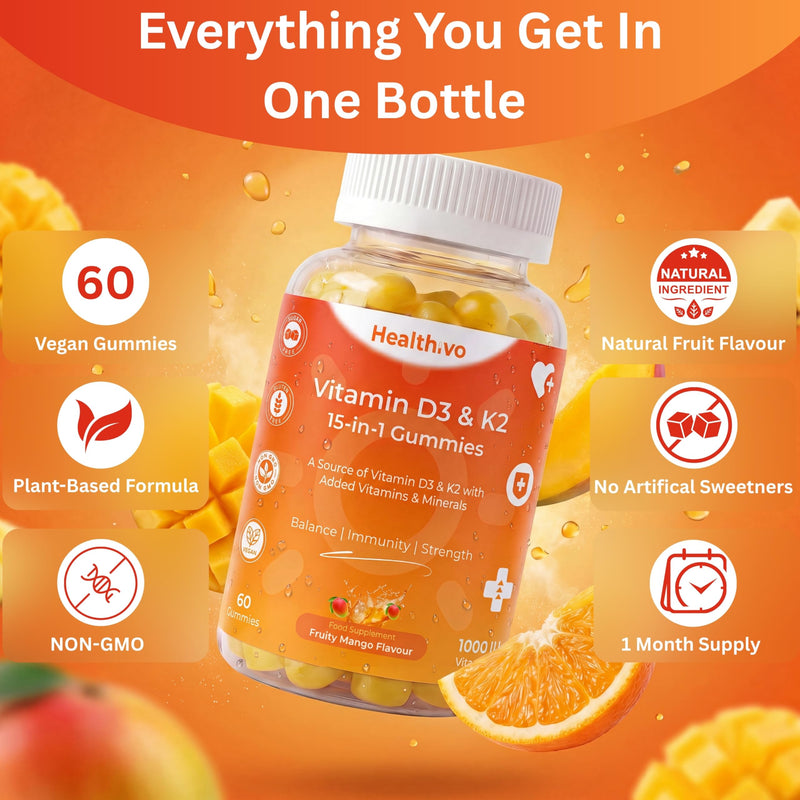 Vitamin D3 K2 Gummies 1000IU, 60 Vegan Gummies, Sugar Free | Vitamin D Gummies Adults, High Strength Vitamin D and K2, Mango Flavour, 13 Added Vitamins and Minerals, 1 Month Supply